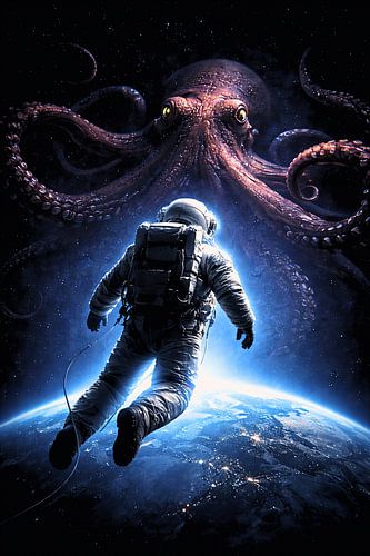 Astronaut staat oog in oog met een kosmische kraken in de verre ruimte