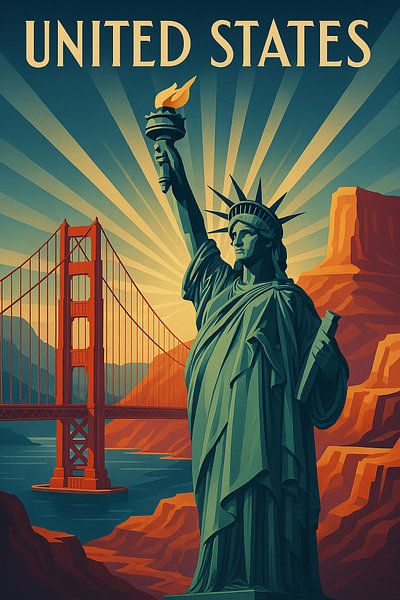 Affiche Art Déco des Etats-Unis - Liberty &amp;amp ; Golden Gate Harmony par Travel Shop