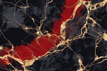 Marmer abstractie in zwart, rood en goud van Digitale Schilderijen