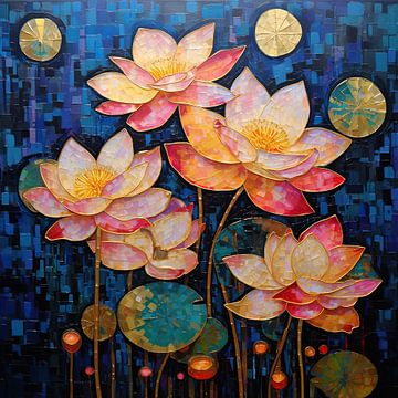 Bloom in Blue | Lotus Flower Art by Abstract Schilderij