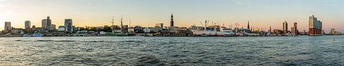 Skyline van Hamburg - volledig panorama van de Landungsbrücken tot de Elbphilharmonie bij zonsondergang