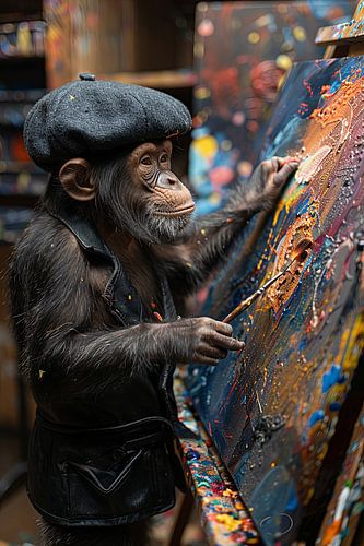 Creatieve aap met baret schetst levendig beeld