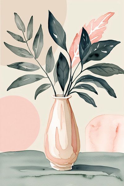 Leaves in vase watercolour art by Imperial Art House