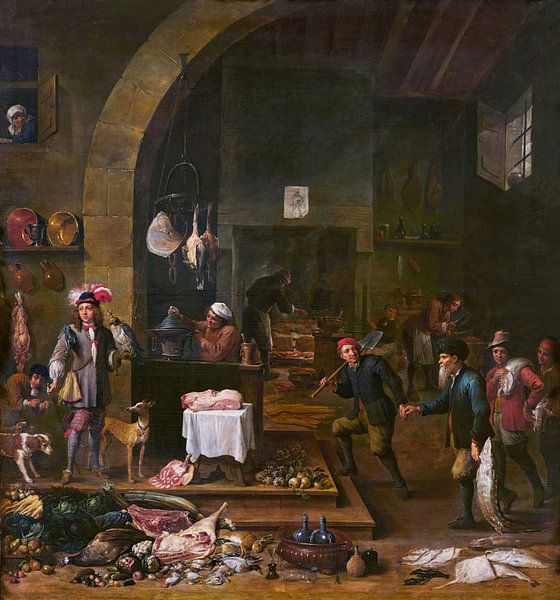 A grand palace kitchen interior, with a falconer returning from a hunt, David Teniers the Younger by Masterful Masters
