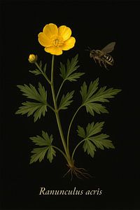 Boterbloem scherpe en ranonkelbij, Ranunculus acris & Chelostoma florisomne