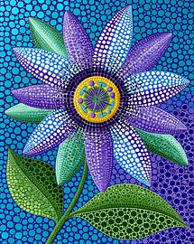 Violette Passionsblume in leuchtender Punktmalerei von May