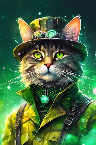 Steampunk Grijze Kat Digital Art Aquarel Stijl