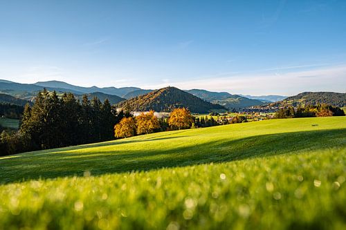 Eerste zonnestralen in de herfst met uitzicht op de Hochgrat, Staufen en Oberstaufen
