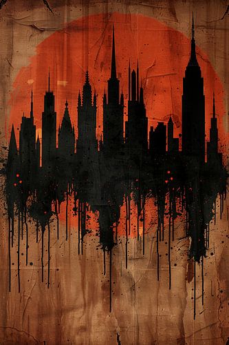 Moderne Abstracte Stadssilhouet met Oranje Zonsondergang