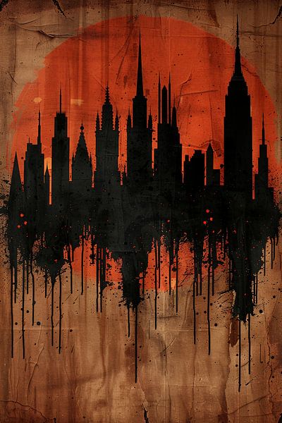 Modern Abstract City Silhouette with Orange Sunset by Art & Soul Creations
