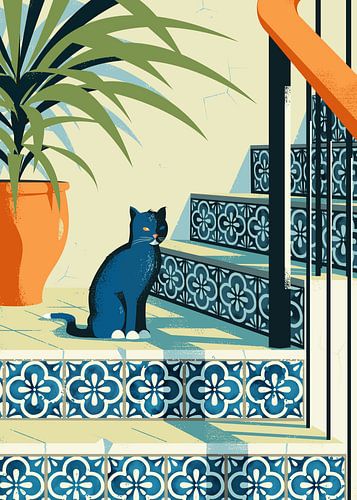 Chat noir sur les escaliers avec des carreaux Azulejo