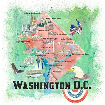 Washington DC USA Geïllustreerde reisaanplakbiljetten Favoriete kaart Toeristische hoogtepunten van Markus Bleichner