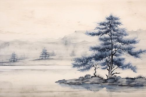 Minimalistische boom in mistig landschap