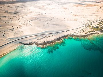 Drone uitzicht over Las Dunas Corralejo, Fuerteventura van Bas van der Gronde