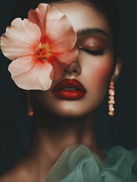 Modern chic portret met grote bloem van Carla Van Iersel