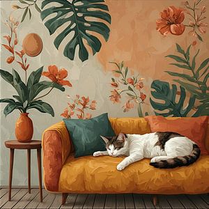 Eine Katze, die gemütlich auf dem Sofa schläft.