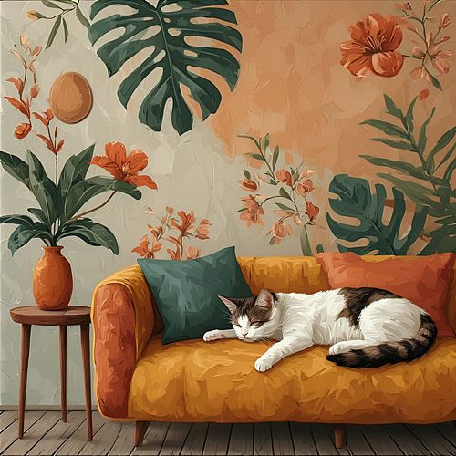 Eine Katze, die gemütlich auf dem Sofa schläft. von J.a Dijkstra