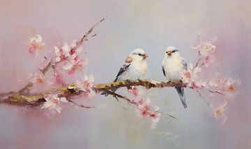 White cherry blossom birds van Bianca ter Riet