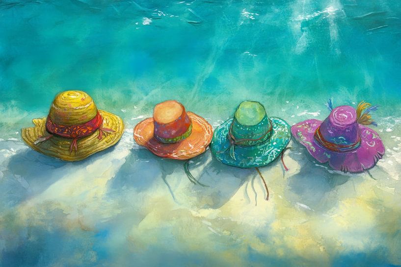 Gemälde mit vier bunten Hüten, die am Strand liegen von Peter Pen Zeichnungen und Gemälde