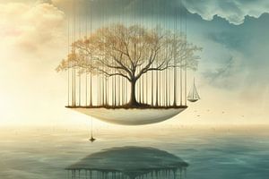 Paysage de rêve - Arbre et voilier dans un paysage surréaliste