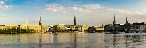 Panorama skyline Hamburg aan de rand van het Alstermeer