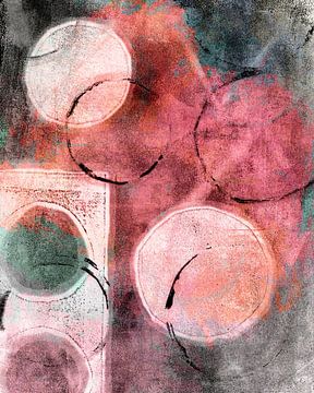 Abstracte compositie met cirkels. Roze, oranje, grijs en witte kleuren.