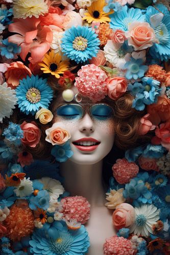 Very beautiful woman covered in tropical flowers in hi fashion style