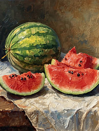 Peinture à l'huile représentant une tranche de pastèque sur dudu artwork