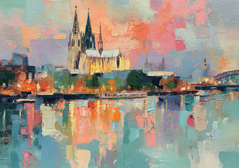 Kölner Dom am Rhein bei Sonnenuntergang