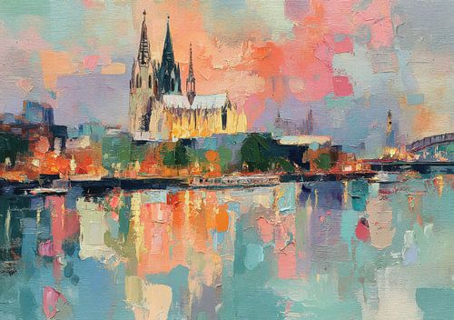 La cathédrale de Cologne au bord du Rhin au coucher du soleil