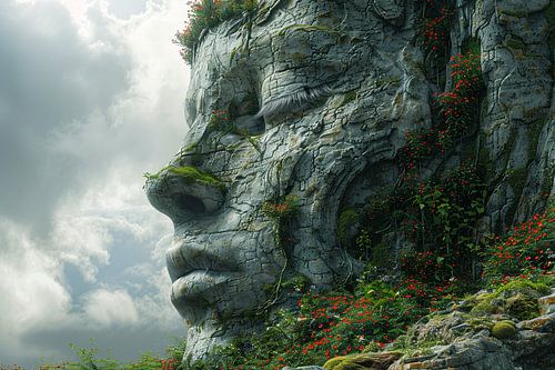 Een Steengezicht Begroeid met Wilde Bloemen