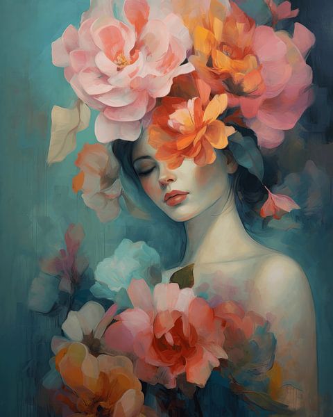 Porträt mit Blumen in Pastellfarben von Carla Van Iersel