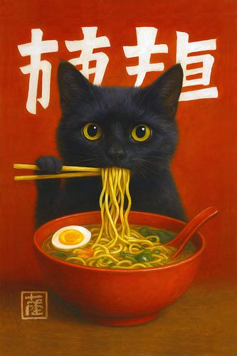 Kat die noedels eet schilderij.