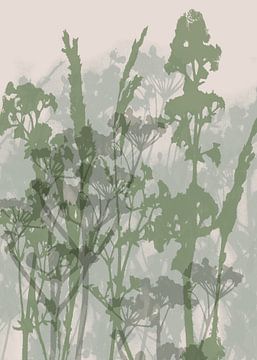 Art botanique abstrait. Fleurs sauvages et herbes en vert. sur Dina Dankers