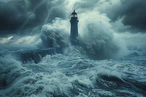 Dramatische vuurtoren te midden van stormachtige zeeën met bliksemschichten