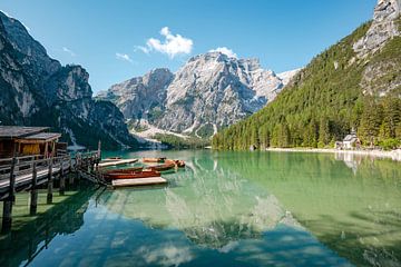 Prager Wildsee in the Dolomites with the floor and the footbridge by Leo Schindzielorz