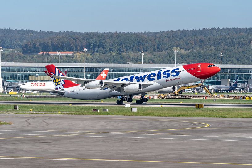 Ein Airbus A340-300 des Schweizer Unternehmens Edelweiss hebt vom Flughafen Zürich ab. von Jaap van den Berg
