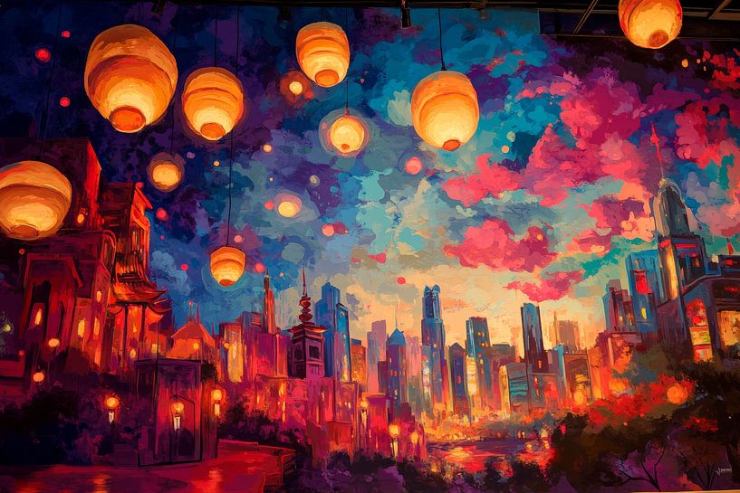 Stedelijke verlichting bij schemering van Poster Art Shop