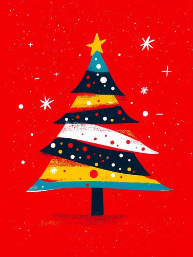 Illustration abstraite et lumineuse d'un arbre de Noël avec des rayures colorées sur fond rouge