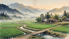 Golden Morning Across Japanese Rice Fields by my pixel art