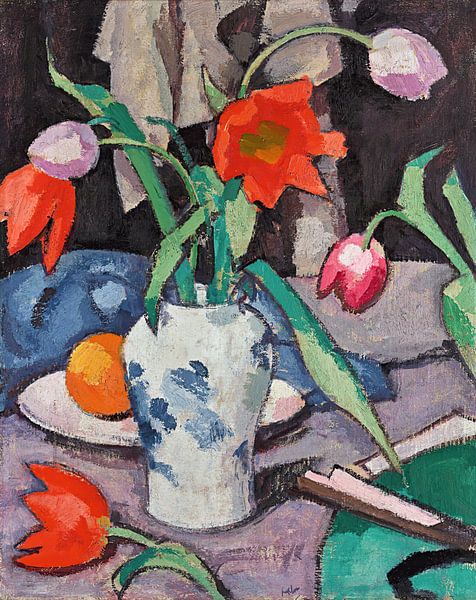 Stilleven met tulpen en waaier, Samuel John Peploe van Meesterlijcke Meesters