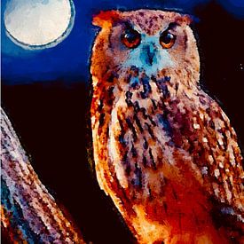 Eule bei Vollmond in Aquarell von Atelier Monadikós