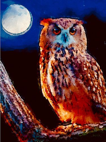 Eule bei Vollmond in Aquarell