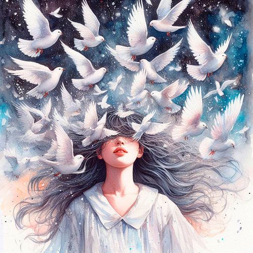 Portrait d'une jeune fille avec des colombes de la paix blanches