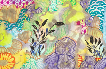 „Blooms“, abstraktes, farbenfrohes Blumen-Aquarell