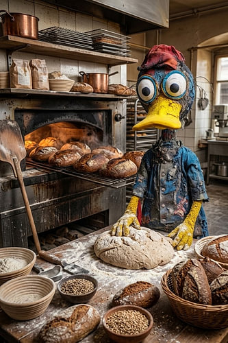 Entenpuppe beim Brotbacken