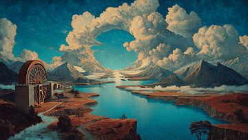 "Epische surrealistische heroïsche illustratie in vintage droomlandschapstijl van Aden Pink Studio