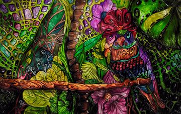Tropische kleurenroes: een kleurrijke papegaai in de abstracte jungle van Patricia Piotrak