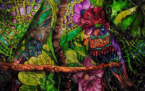Tropical colour rush: A colourful parrot in the abstract jungle