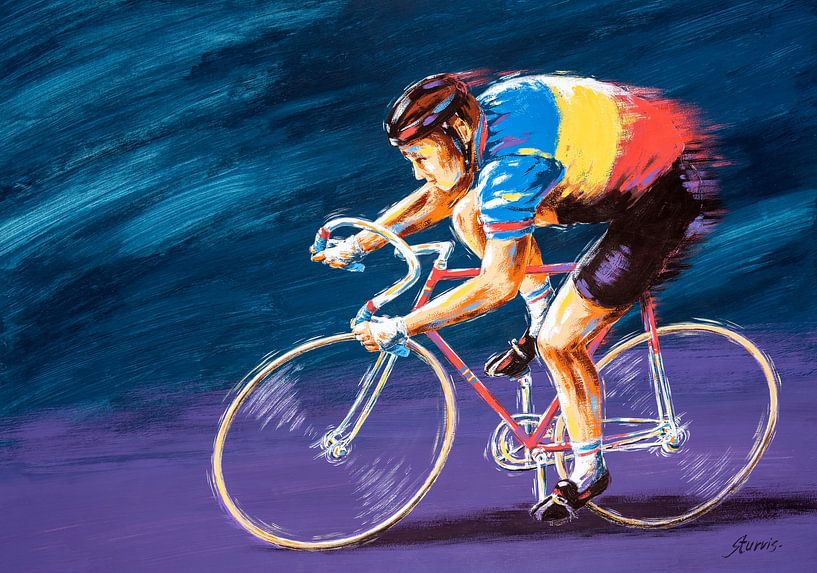 De wielrenner in actie. Acryl op papier van Galerie Ringoot